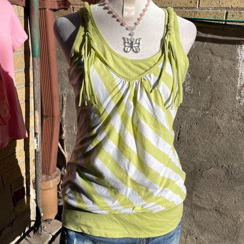 Almost Famous Lime Green and White Striped Tank Top